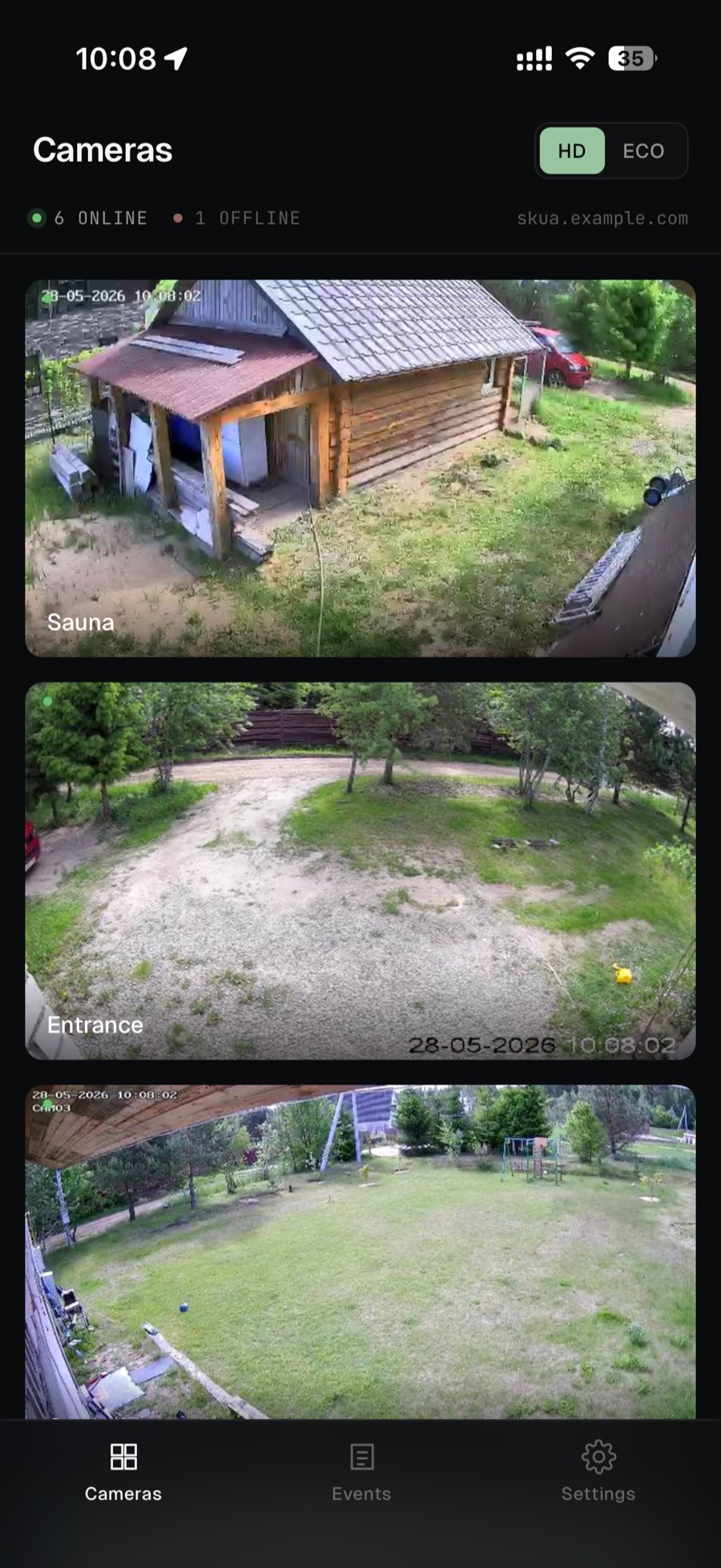 Camera grid showing six online tiles and one offline, with HD and ECO bandwidth modes.
